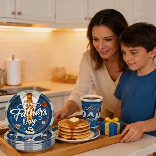 122 Pcs Happy Fathers Day Decorations, Father's Day Tableware Set Includes Disposable Plates and Napkins, Blue Banner Tablecloth Cups and Forks for Father's Day Parties and Family Dinners, Serves 24 — view 3