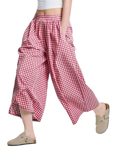 Image of LOMON Womens Wide Leg Capri Pants Gingham Plaid Culottes Summer Elastic Waist Palazzo Trousers Bottoms with Pockets