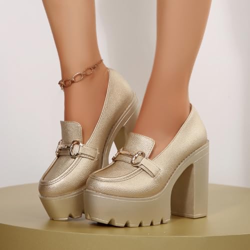 Womens Platform Heels Loafers Chunky High Heel Closed Toe Metal Buckle Shoes Penny Loafer Business Dress Work Pumps3