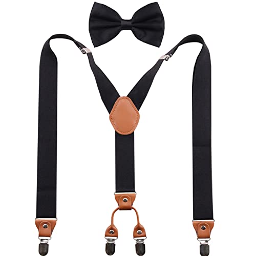 Image of Suspenders Bow Tie for Mens and Women Heavy Duty Elastic Wide Suspenders Strong 4 Metal Clips Adjustable