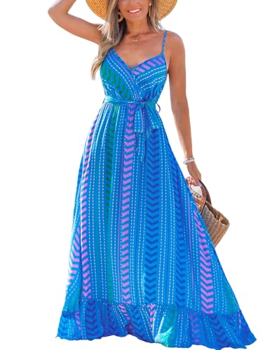 Image of CUPSHE Women's Summer Boho Maxi Dresses Sleeveless V Neck Beach Vacation Long Sun Dress Belted Flowy Tropical Resort Wear