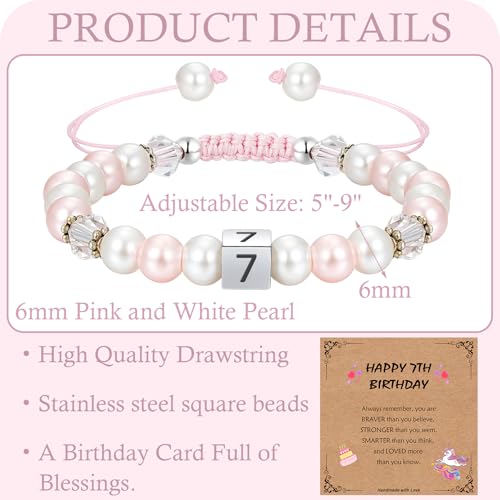 Image of 4-12 Year Old Girl Birthday Gifts, Adjustable Pink White Pearl Beaded Bracelet for Teen Girls, 4-12th Happy Birthday Christmas Graduation Gifts for Daughter Granddaughter Niece