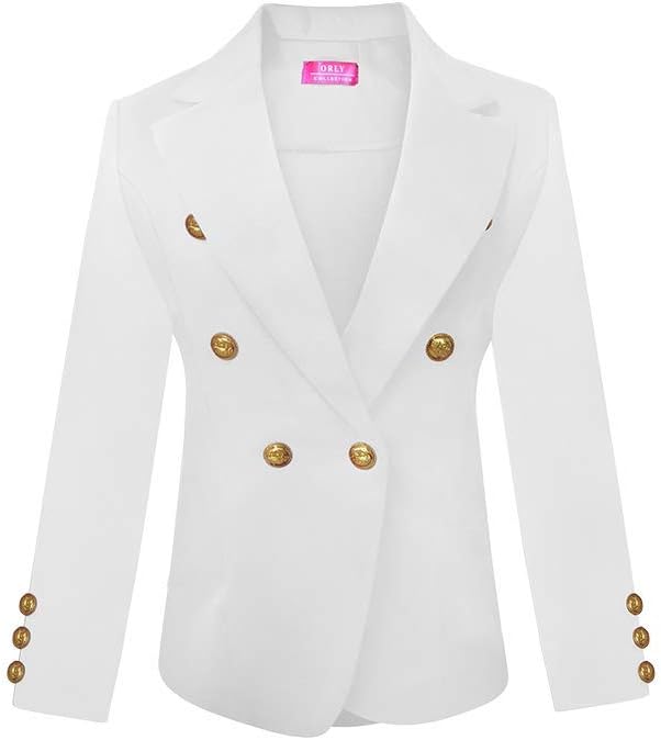 Womens Double Breasted Casual Work Office Blazer Jacket- with Gold Button on The Sleeves Made in USA (1x, White)