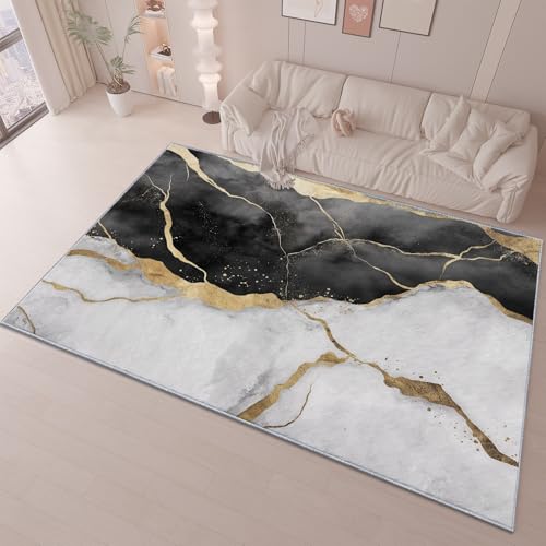 Tapis salon moderne marbre doré 180x240 antidérapant et lavable en machine