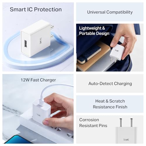 Image of boAt 12W Charger Adapter for Fast Charging, USB-A Port; Compact & Lightweight, Scratch Resistant, Smart IC Protection; Supports iPhone 17 /16 /15 /14 /Pro /Max; Samsung; Pixel; Android (Crystal White)