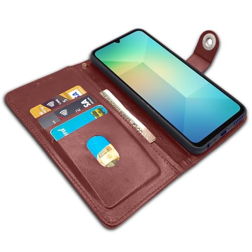 Image of Pikkme Flip Cover Leather Finish | Inside TPU with Card Pockets | Wallet Stand and Shock Proof | Complete Protection Button Flip Case for Samsung Galaxy A06 (Brown)