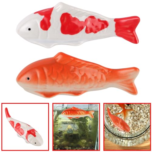 Image of Ceramic Floating Fish Set, 2Pack Realistic Goldfish & Koi Figurines for Aquariums, Tea Pet Adornments, Fairy Garden Accents, and Pond or Desktop Decorations.