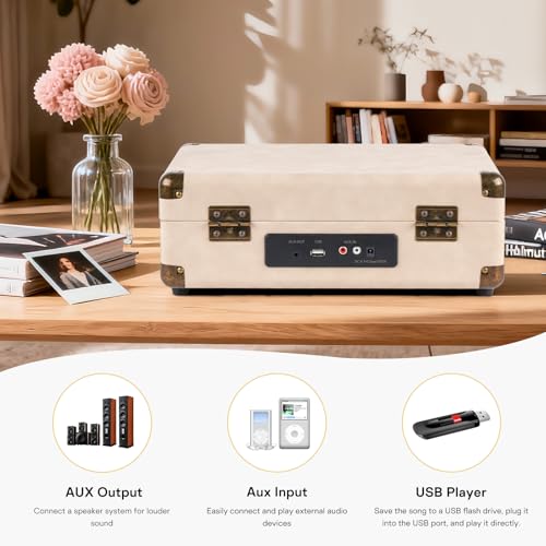 Image of Portable Bluetooth Record Player with USB Playback Rechargeable Battery and Built in Speakers 3 Speed Turntable in Retro Suitcase Design for Home Bedroom or Outdoor Use