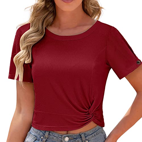 Blusa de gasa para mujer, camiseta informal, cuello redondo, color normal, camiseta de manga corta, Vino, XL Cover