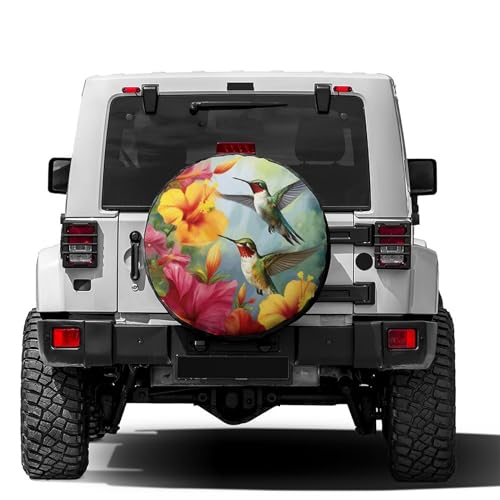 Image of Delerain Hummingbirds Flower Spare Tire Covers Waterproof Dust-Proof Spare Wheel Cover Universal Fit for Trailer, RV, SUV, Truck and Many Vehicle (17 Inch for Diameter 31 inch-33 inch)