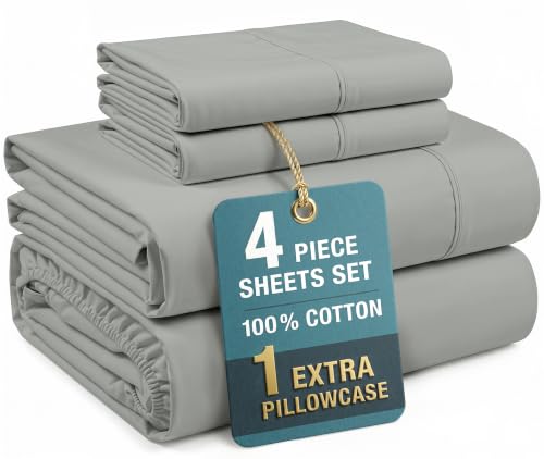 Casa Platino Bed Sheets Twin – 100% Cotton Twin Size Bed Sheet Set with 2 Pillowcases, Cool and Soft Percale Fabric, Ideal for All-Season Comfort, Ultra Soft with 15" Deep Pocket Fitted Sheet – Grey