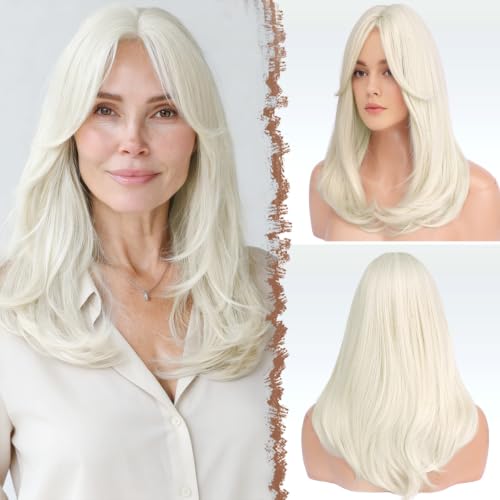 FESHFEN Platina White Wig with Curtain Bangs Medium Length Layered Hair Wig