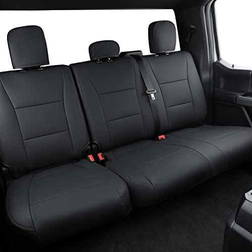 Covertopia F150 Faux Leather Seat Covers, Custom fit 2015-2024 Ford F150 SuperCrew, and 2017-2024 F250 F350 F450 Super Duty Crew Cab(Rear Set, Black Rear)