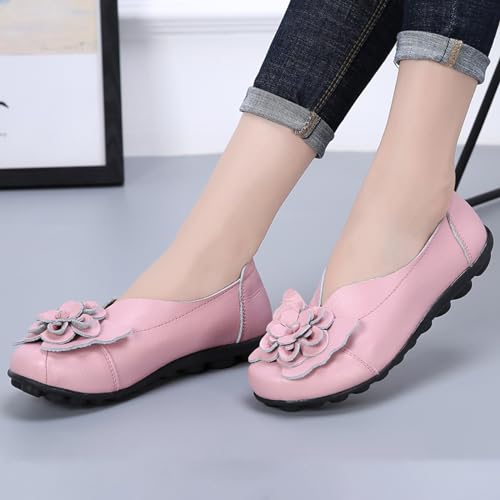 Image of Women's Leather Slip On Loafers,Vintage Handmade Cute Bow Flower Comfy Non-Slip Softsole Walking Casual Dress Pumps
