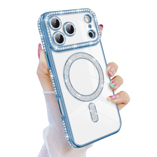 Newseego Custodia Magnetica Glitterata per iPhone 16 Pro Max [Compatibile con Magsafe], Fotocamera Protettore Antiurto Diamanti Bling Morbido TPU Cover Ragazze Donne per iPhone 16 Pro Max-Rosa