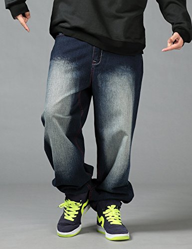 Yeokou Men's Loose Baggy Hip Hop Wash Denim Pants Straight Leg Jeans (Dark-Blue001, 38) #TOP1