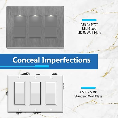 Image of LIDER Decorator Switch Cover, Screwless Wall Plate, Mid-Size 3-Gang 4.88 inch x 6.77 inch, LSWP-33M-BGY, UL Listed, Thermoplastic, Brushed Gray, 1-Pack