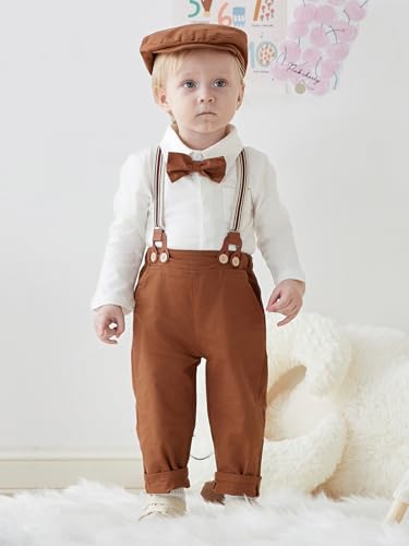 Image of SALNIER Baby Boy Suit Set Infant Formal Outfit Tuxedo | Soft Cotton Shirt Suspenders Pants Bow Tie Beret Hat 5pcs Set, For Wedding Baptism Birthday Party