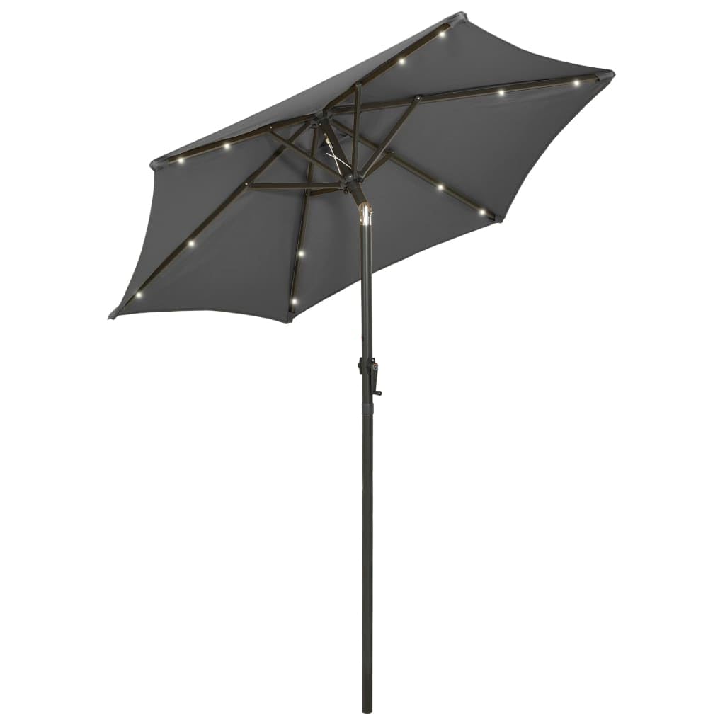 Sombrilla de Jardín con 12 LED y Diseño Inclinable, Impermeable y con Protección UV, Cubierta de Poliéster Anti-decoloración, Poste de Aluminio y 6 Varillas Metálicas