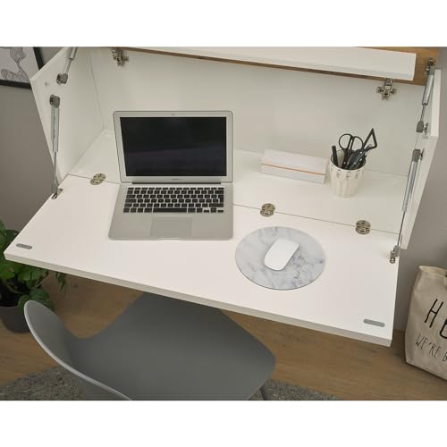 Lomadox Wohnwand mit Homeoffice-Lösung weiß mit Eiche 4-teilig modern, 1 Wandpaneel mit Beleuchtung, 1 TV-Hängeschrank, 1 Hängeschrank, 1 Hängesekretär – Bild 5