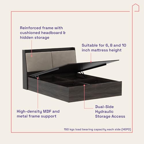 Image of Wakefit Bed | 3 Yr Warranty | Bed Queen Size, Hydraulic Storage & Foam-Cushioned Upholstery Headboard, Density: 680-750 kg /m, Termite & Borer Resistant, Fits Mattresses Up to 8 Inches(Mars78x60 - WM)