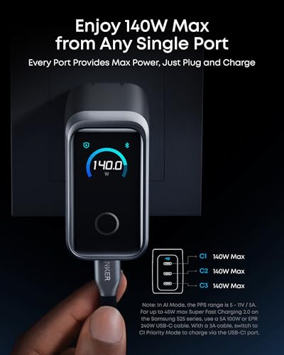 Image of Anker Prime Charger,160W 3-Port Compact GaN USB C Charger Block,Smart Display and Touch Control,Up to 140W Single‑Port Charging,for MacBook Pro,Laptop,iPhone 17 Series(Cable Not Included,Non-Battery)