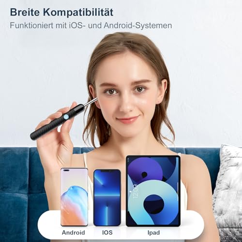 Ohrenschmalz Entferner Otoskop – 1080P HD Ohrenreiniger mit Kamera und 6 LED Lichtern – Ohrreinigungswerkzeug mit 7-teiligem Zubehörset und 11 Silikonaufsätzen – Ohrkamera für iOS & Android