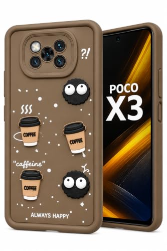 Image of Bintage Back Cover Compatible for Poco X3 / Poco X3 Pro | Cute Fun Ball | 3D Taddy Smiley Coffee | Milk Case | Full Body Protection - Brown