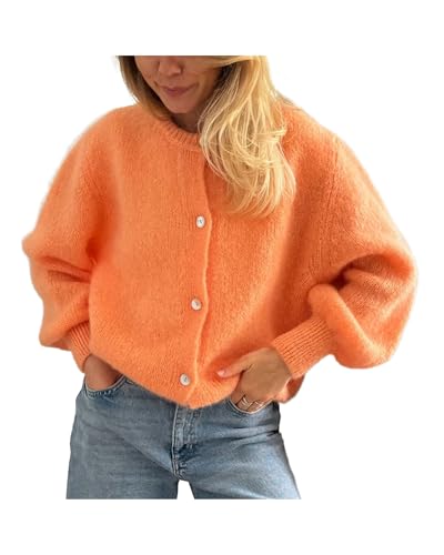 Damen Y2K Lockere Passform Strick-Cardigan Langarm Durchgeknöpft Vorne Offen Pullover Weicher Mohair Casual Strickwaren Mantel, Orange B, S