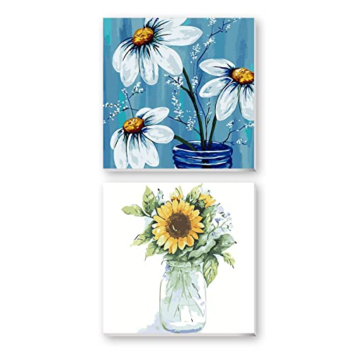Ninonly 2 Pack Paint by Number for Adults Framed Canvas, DIY Flower Arts and Crafts Painting by Numbers Kits for Women with Wooden Easel for Home Decor, 12 * 12 Inch