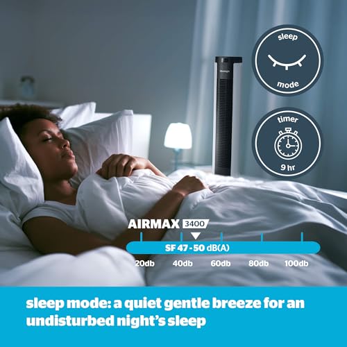 Silentnight Airmax 3400 Tower Fan - Oscillating 90° Cooling Fan for Bedroom Home Office with 9hr Timer, 4 Adjustable Speeds, Remote Control, Sleep Mode and Digital Display - 50W - 34-inch - Image 5