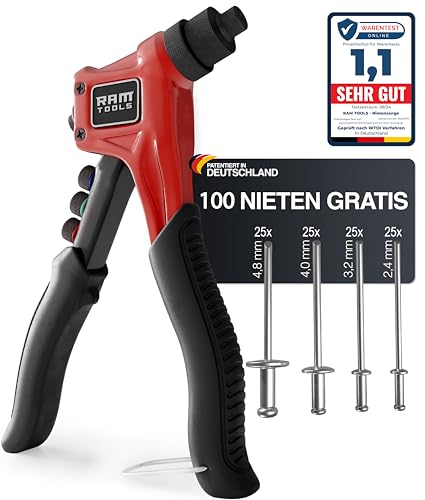RAM TOOLS® Nietenzange, Nietzange Set inkl.100 Nieten in 4 Größen, Blindnietzange mit patentierter Technik, Nieten Setzen auf Profiniveau