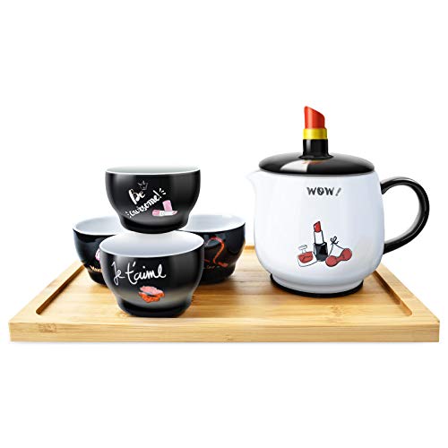 Porcelain Tea Set,Lipstick Design 4-Piece Tea Cups 5 oz with Teapot 20.3 Oz and Gift Box,Tea Cups Set for Home and Office