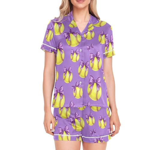 Image of Womens Silk Satin Pajamas Set Western Theme Womens Short Sleeve Shorts Set 2 Piece Sleepwear Lounge Set S-XXL