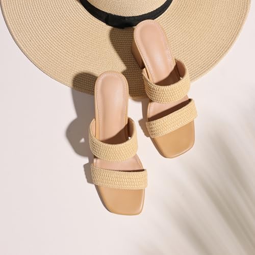 Image of Ancomafio Heeled Sandals for Women Raffia Sandals 2025 Chunky Block Heels Square Open Toe Heels Double Strap Summer Dressy Shoes Slip On