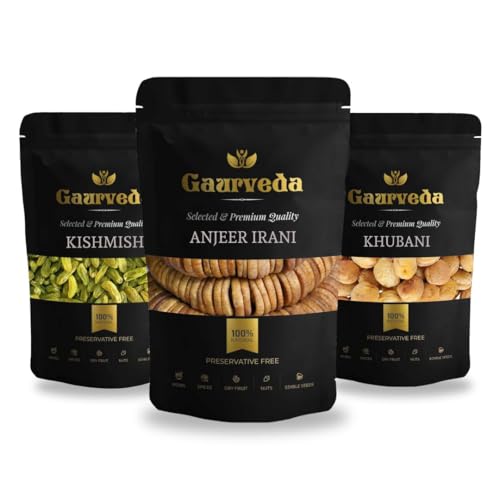 Image of GAURVEDA Anjeer Kishmish Khubani Delight - Premium Dry Fruits Combo, Figs Raisins Apricots Mix (50 Grams Each, Anjeer + Kishmish + Khubani)
