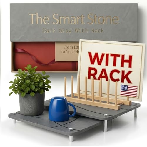 Nested Dish Drying Stone Mat with Bamboo Rack | 2 Pcs Diatomaceous Earth Stone Drying Mats for Kitchen Counter with Non-Slip Feet | Collapsible Large Drying Stone for Dishes (Dark Gray)