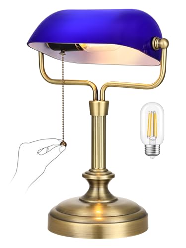 LOFOB Classic Banker's Desk Lamp with Adjustable Blue Glass Shade, Antique Bronze Base, Pull Chain Switch, LED Bulb Included