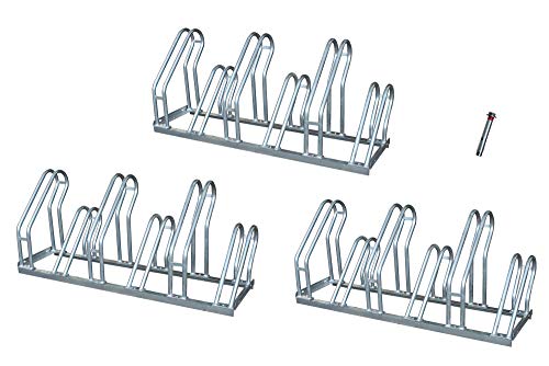Aparcabicicletas soporte para aparca Bicicleta suelo Aparcamiento de bicicletas garaje Parking de 6 Bicis acero galvanizado (3- Aparcabicicletas + T)