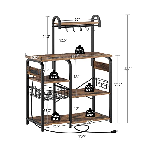 Rolanstar Baker's Rack With Power Outlet, Coffee Bar With Pull Basket, Microwave Stand, 6-Tier Kitchen Storage Rack With 13 Hooks, Freestanding Utility Stable Rack, Rustic Brown #TOP6