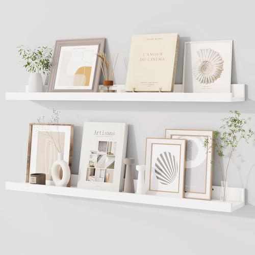 Dreamland Picture Ledge Shelf for Wall Floating Shelves Set of 2 32 Inch Long Floating Shelves with Lip for Living Room Bedroom Bathroom Kitchen White