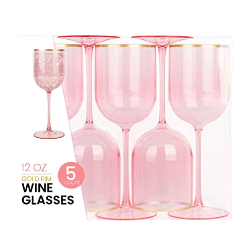 Pink Wine Cup With Gold Rim Plastic Wine Glasses Set Of 5 Elegant Wine Goblets Hard Plastic Wine Cups On Stem 12 Ounce #TOP5