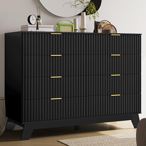 Image of HUANLEGO 48 inch W Tall Fluted Dresser for Bedroom with 8 Drawer, Black | Mid Century Modern Dresser for Closet, Anti-Tipping Design, Wooden Dressers & Chest of Drawers for Living Room, Home Office