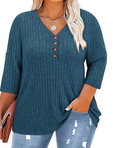 Image of Koscacy Women Plus Size V Neck 3 /4 Roll Sleeve Sweater Casual Knit Tops Solid Color Blouses