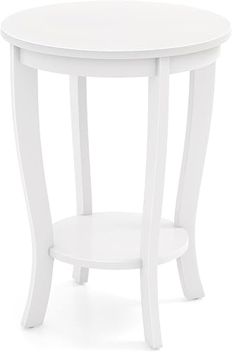 Giantex Mesa auxiliar redonda, mesa auxiliar de 2 niveles con estante de almacenamiento, mesita de noche retro con patas de madera maciza, mesa