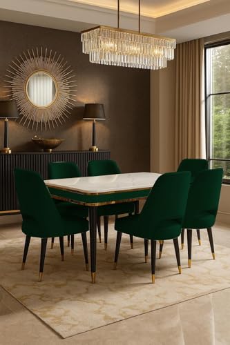 Image of WOODEN SPACE 6-Seater Wooden Dining Table Set | Nano Composite Marble Top | Solid Wood Base | Modern Dining Room Furniture with 6 Chairs (Dark Green Vintage)