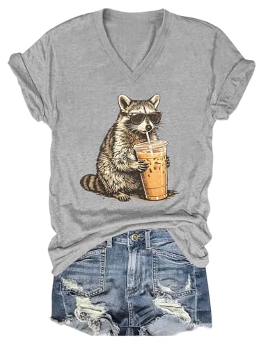 Raccoon Drinking Iced Coffee Shirt Funny Meme T-Shirt Women Men
