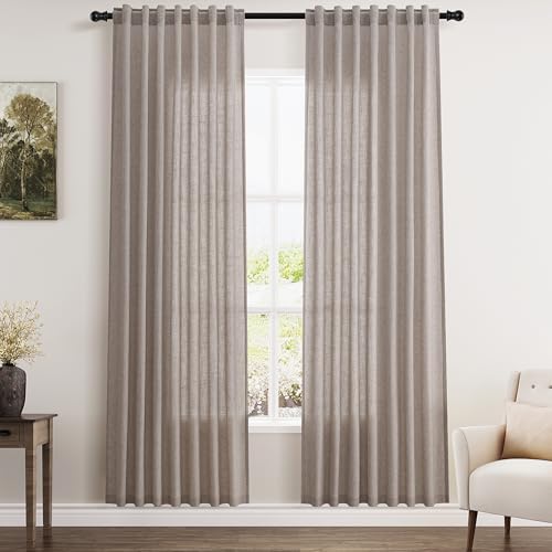 Image of Nanspring Brownish Grey Linen Curtains for Living Room 80 Inch Length Back Tab Light Filtering Semi Sheer Curtain Modern Farmhouse Decor for Bedroom Office Luxury Textured Drapes 52x80, 2 Panels