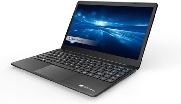 Gateway GWTN141-10BK 14.1-inch laptop, angled view with screen open, displaying a blue abstract image.