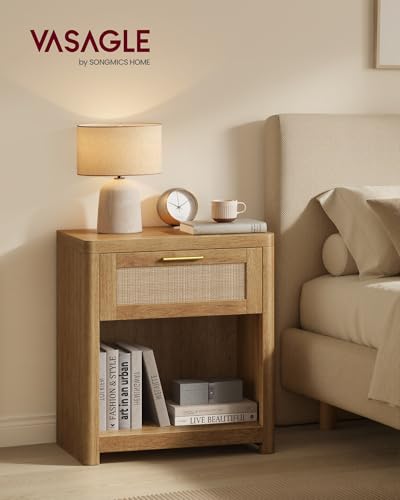 Image of VASAGLE Set of 2 Boho Nightstands with Rattan-Look Drawer | Accent Side End Tables, Open Compartment, Rounded Corners, for Bedroom Bedside, Natural Brown, ELLAN Collection ULET818KC01
